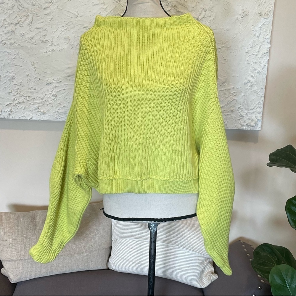 Free People Emmy Mock Neck Ribbed Knit Dolan Sleeves Sweater Acid Lime Sz XS